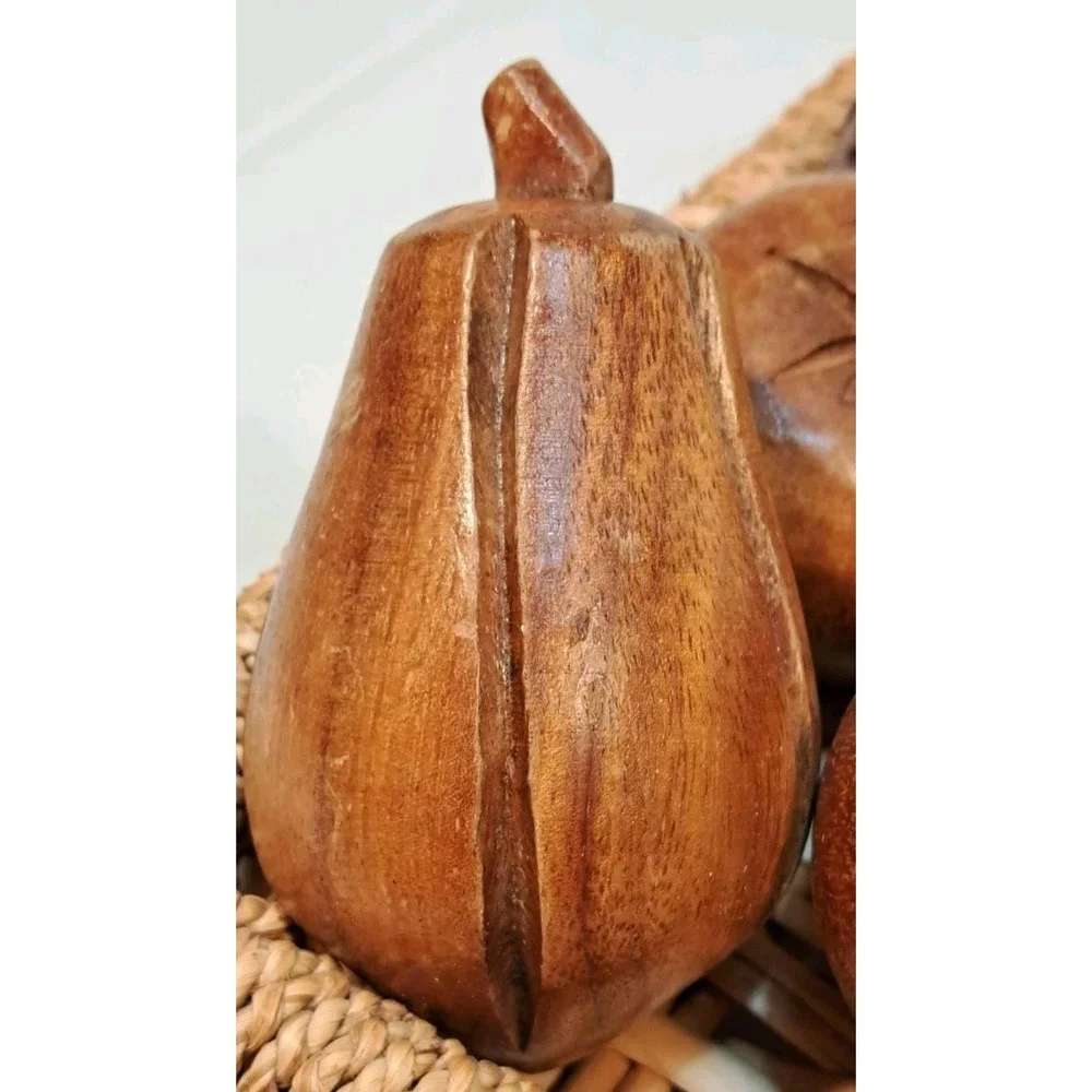 Vintage Hand Carved‎ Wooden Fruit Set with Woven Wicker Basket Centerpiece Decor